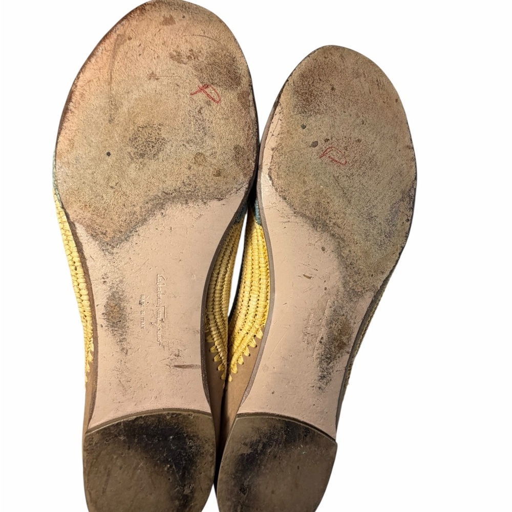 Salvatore Ferragamo tricolor Raffia Green & Tan Bow Ballet Flats Sz 10M - Picture 15 of 16